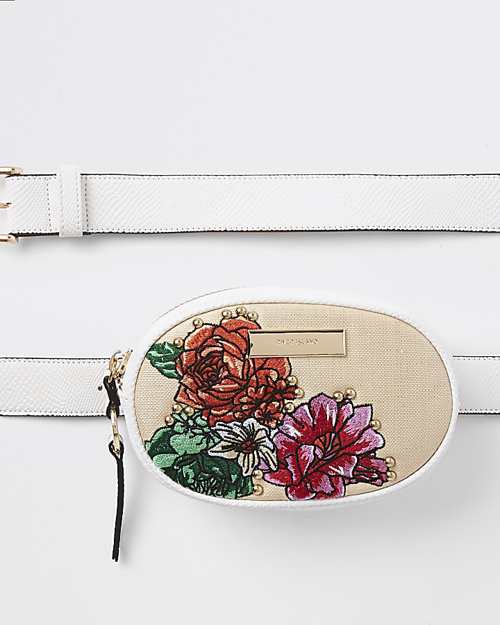 White floral embroidered circle belt bum bag