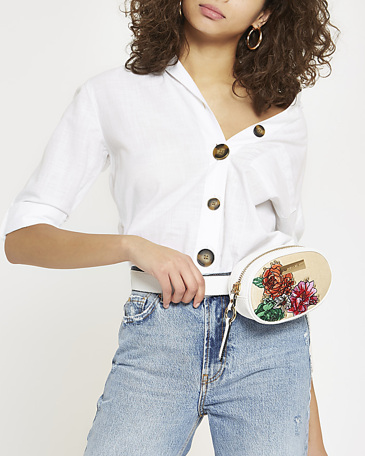 White floral embroidered circle belt bum bag