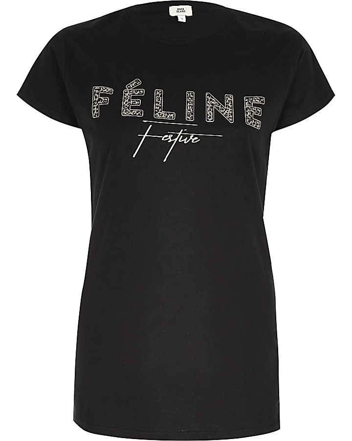 Black ‘feline festive’ fitted T-shirt