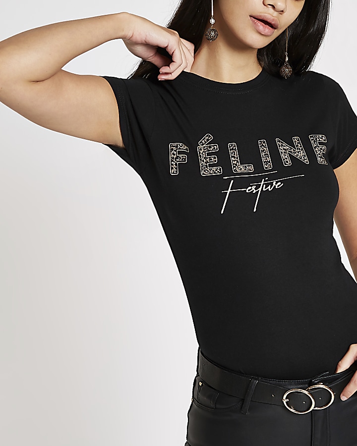 Black ‘feline festive’ fitted T-shirt