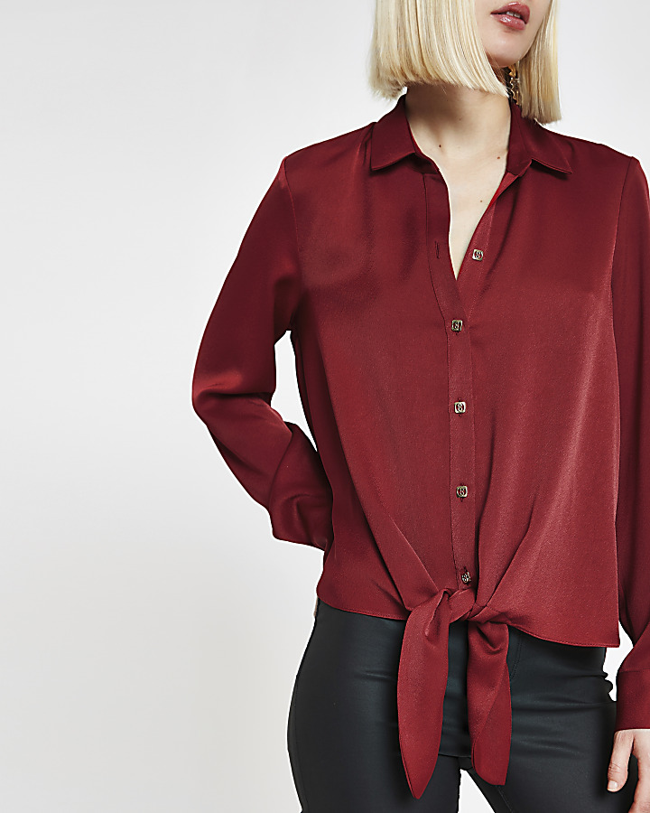 Red tie front loose shirt