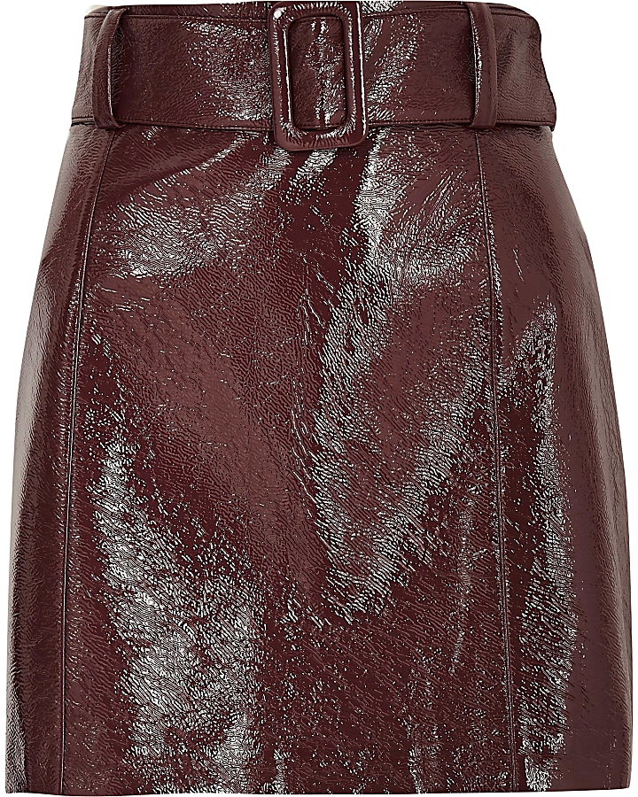 Burgundy vinyl belted mini skirt