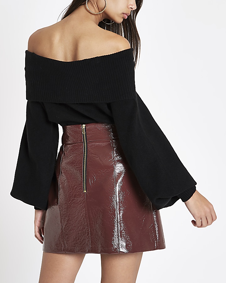 Burgundy vinyl belted mini skirt