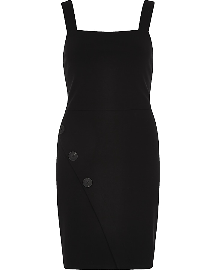Black button side pinafore mini dress