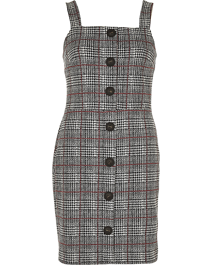 Red check button up pinafore mini dress