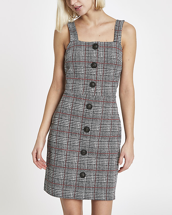 Red check button up pinafore mini dress