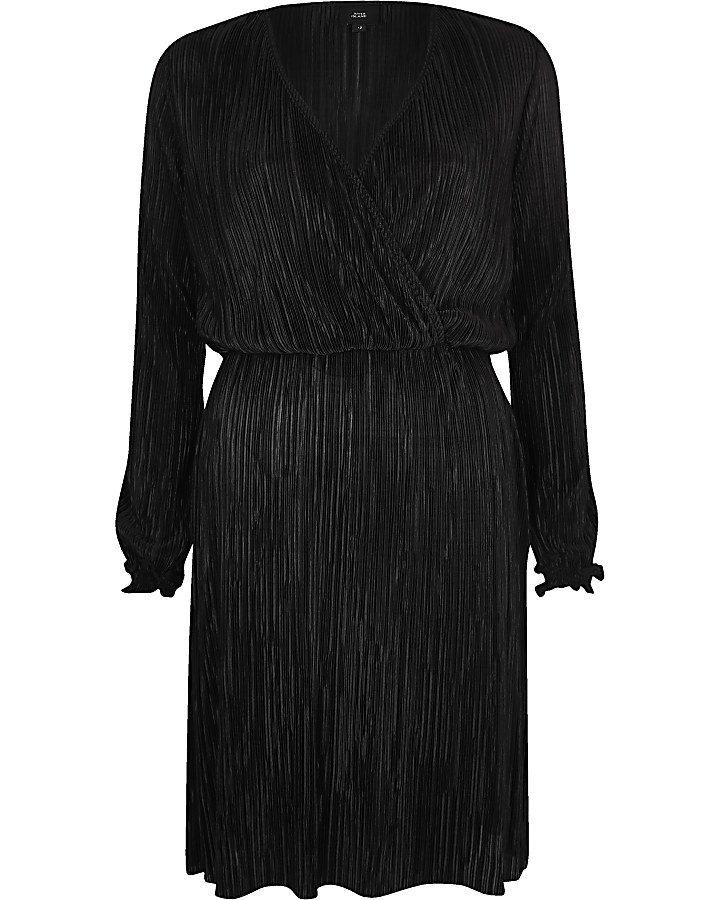 Black plisse wrap front mini dress