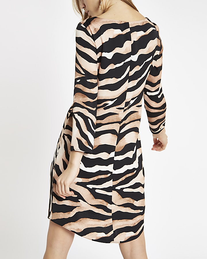 Brown zebra print tie front swing dress
