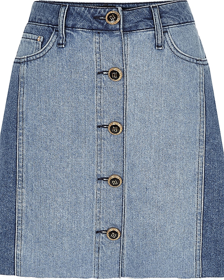 Mid blue button front mini denim skirt