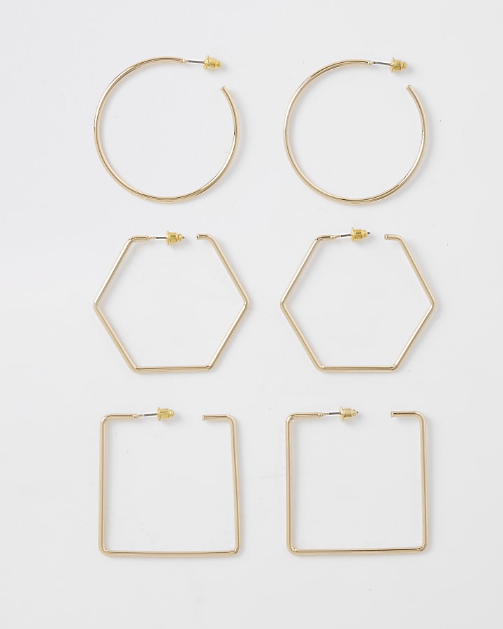 Gold colour mixed shapes hoop earrings pack