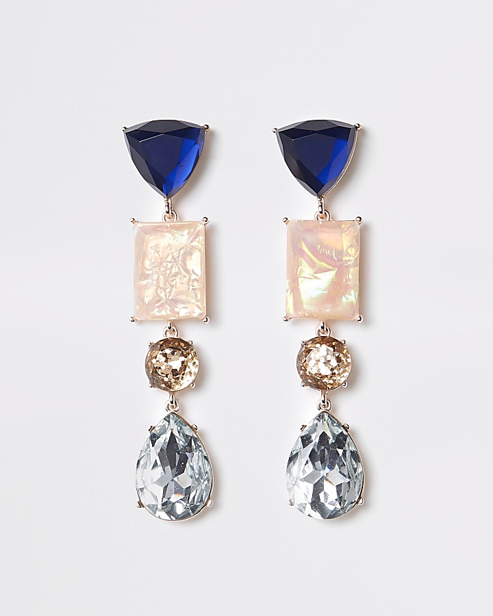 Rose gold colour blue jewel drop earrings