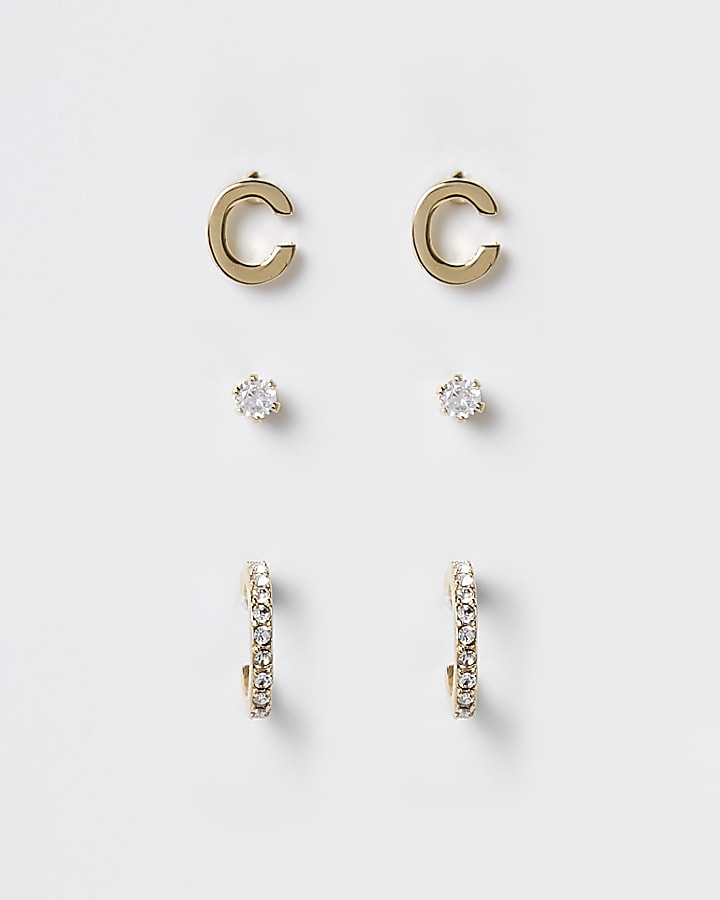 Gold plated ‘C’ cubic zirconia stud multipack