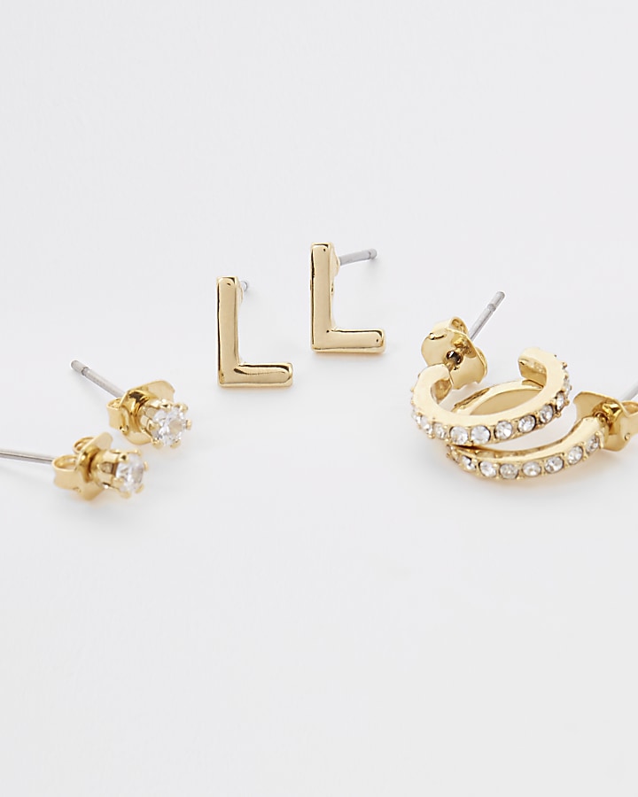 Gold plated ‘E’ cubic zirconia stud multipack
