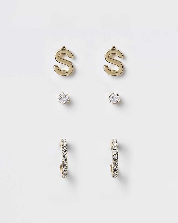 Gold plated ‘S’ cubic zirconia stud multipack