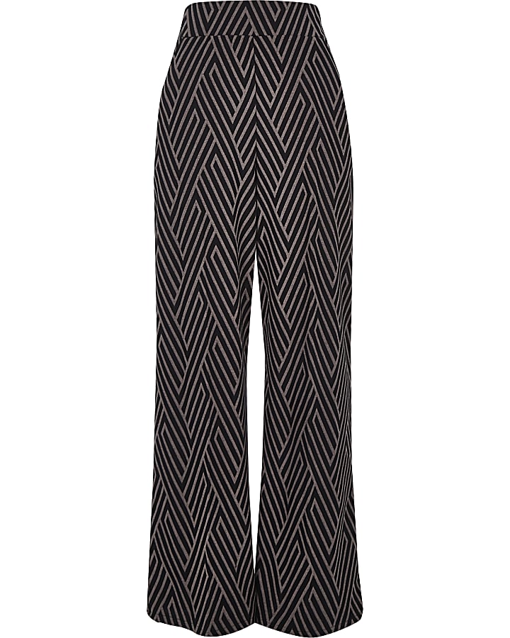 Black geo print jacquard wide leg trousers