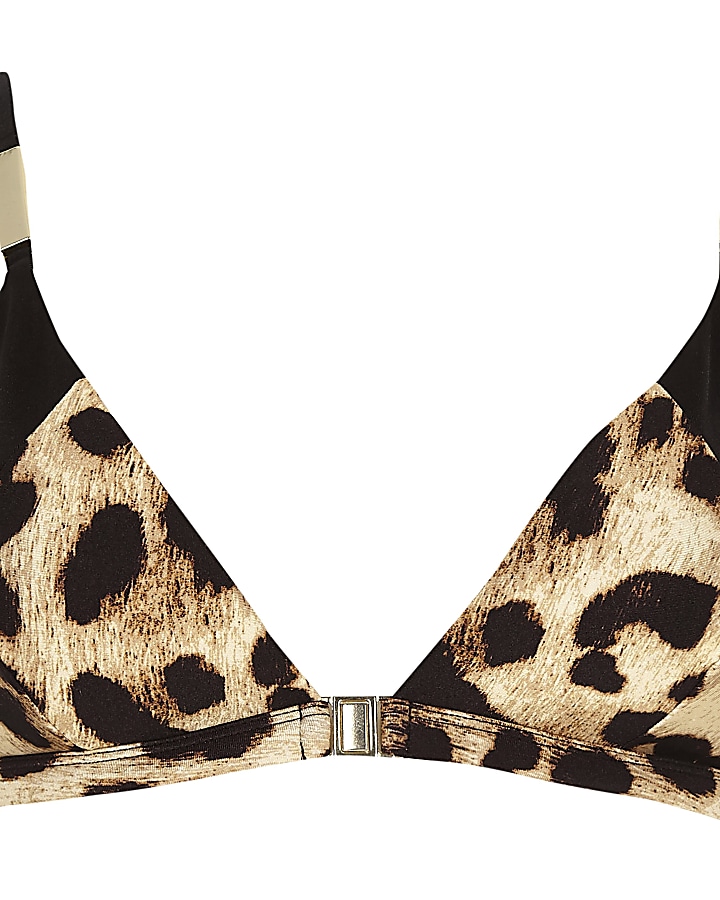 Beige leopard print triangle bikini top