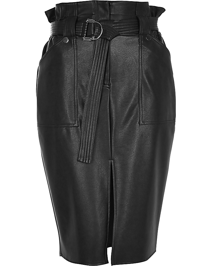 Black faux leather paperbag midi skirt