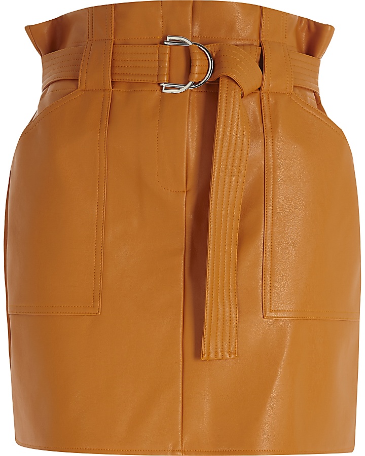 Mustard paperbag belted mini skirt