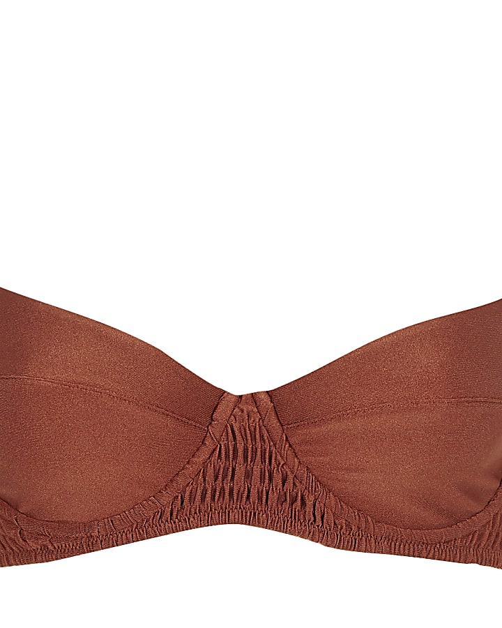 Brown shirred balconette bikini top