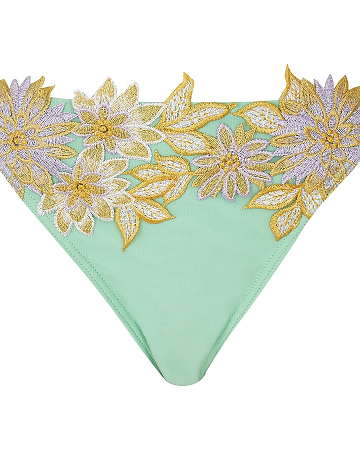 Green floral embroidered bikini bottoms