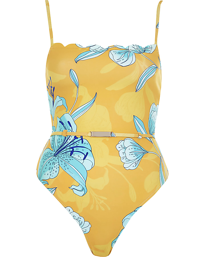 Yellow floral scuba belted swimsuit