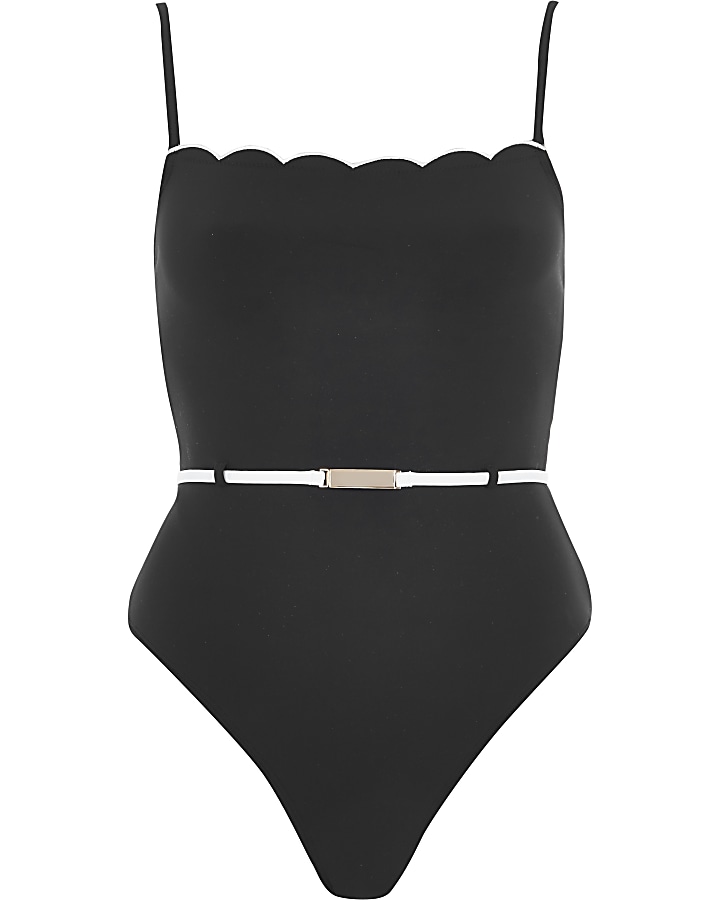 Black scallop belted swimsuit