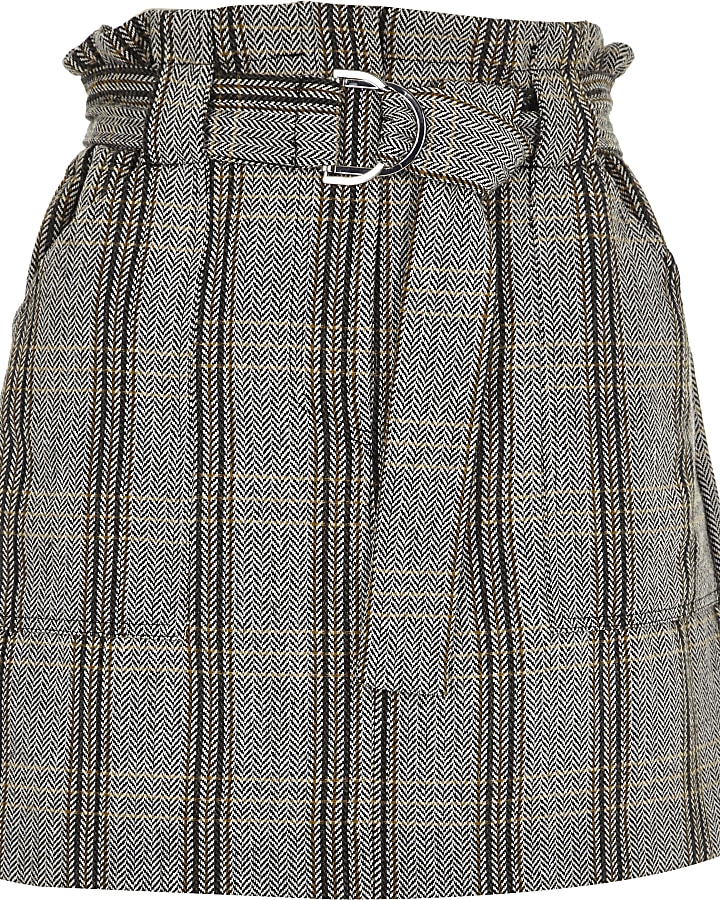 Brown check wool paperbag waist mini skirt