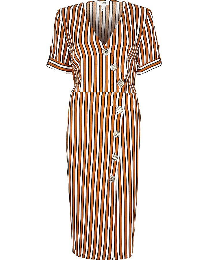 Orange stripe print button front midi dress