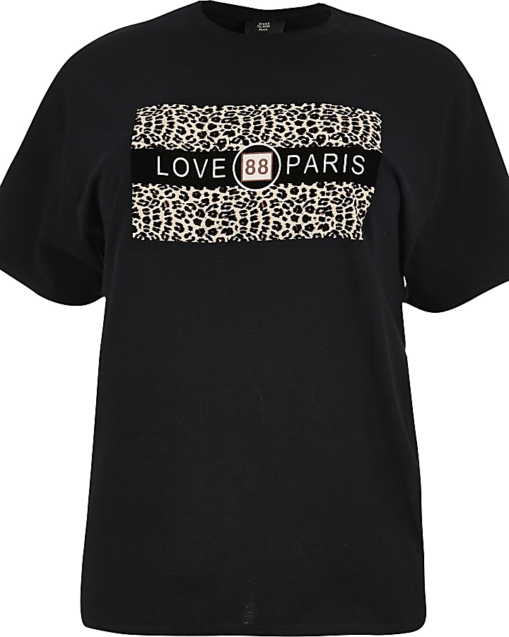 Plus black ‘Love Paris’ leopard print T-shirt