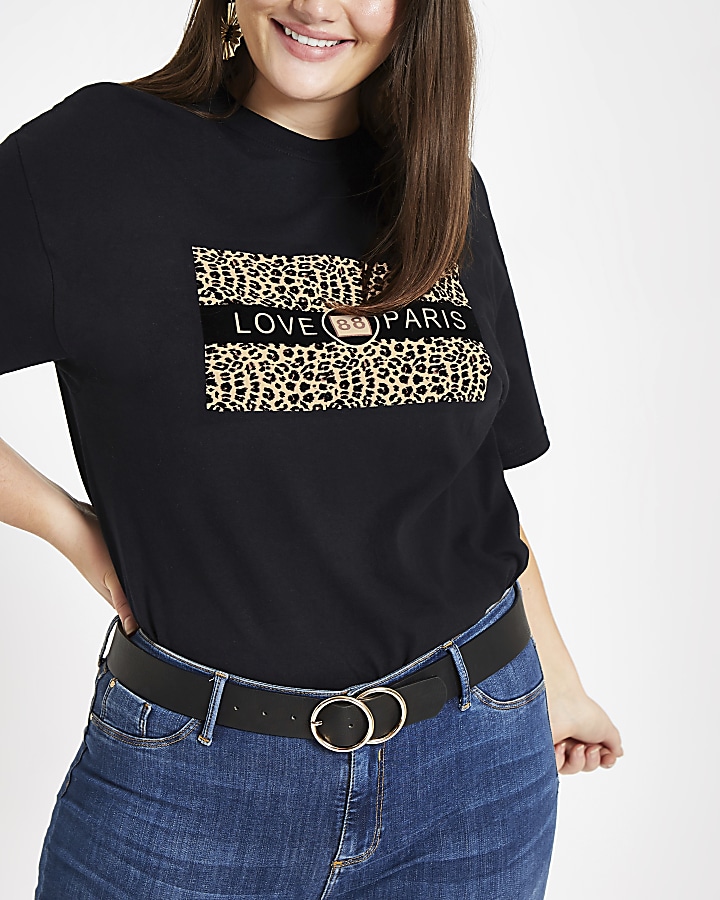 Plus black ‘Love Paris’ leopard print T-shirt