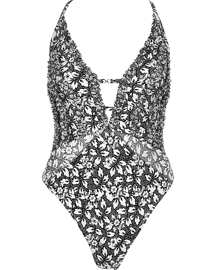 Black floral mesh frill plunge swimsuit