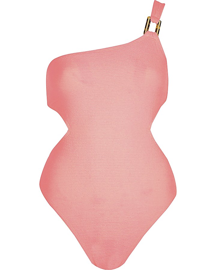 Pink textured one shoulder cut out swimsuit