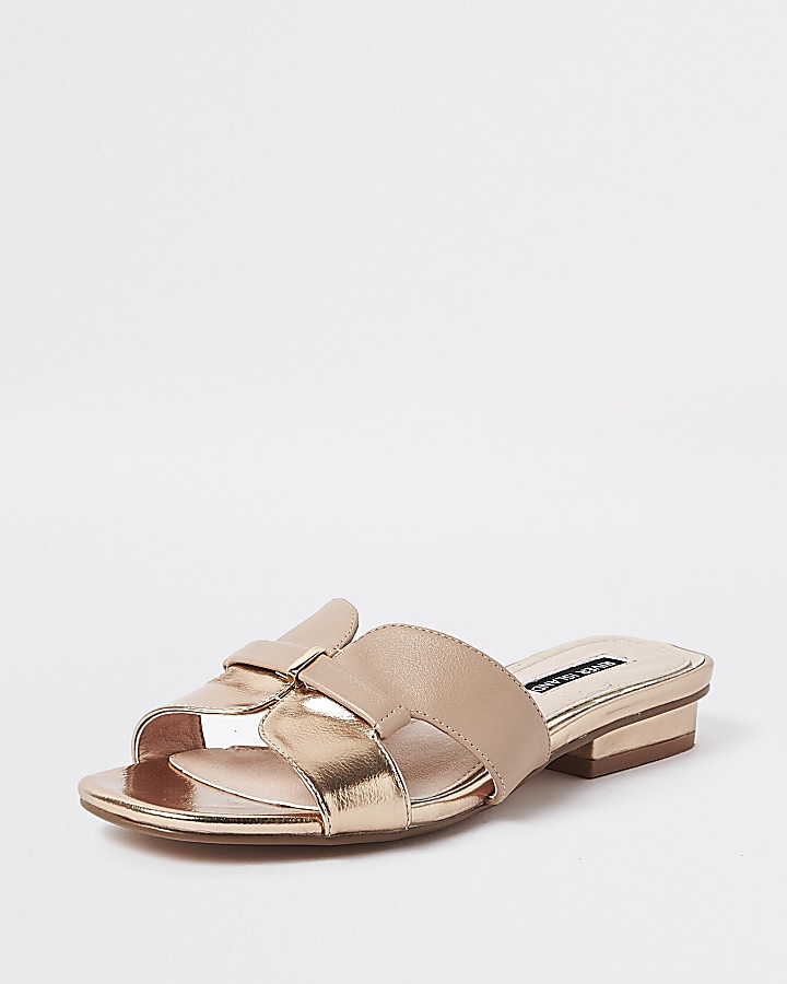 Rose gold faux leather flat mule sandals
