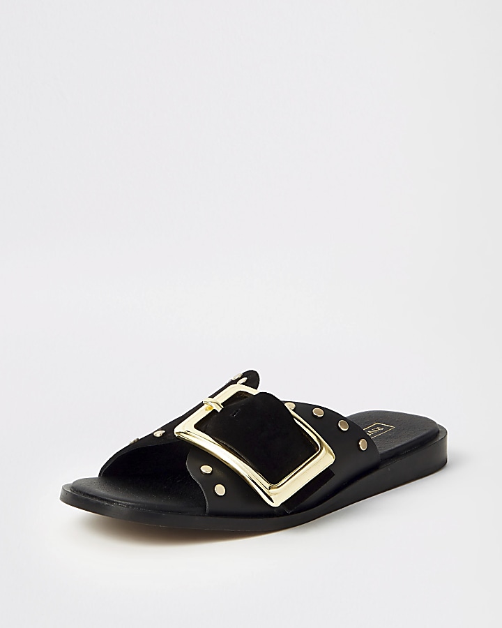 Black leather buckle flat sandals