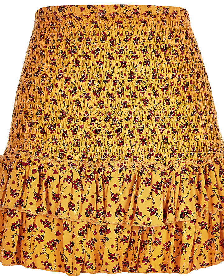 Yellow floral shirred frill hem skirt