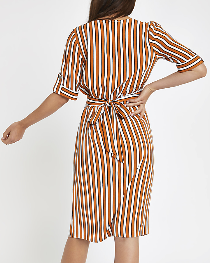 Petite orange stripe button front midi dress