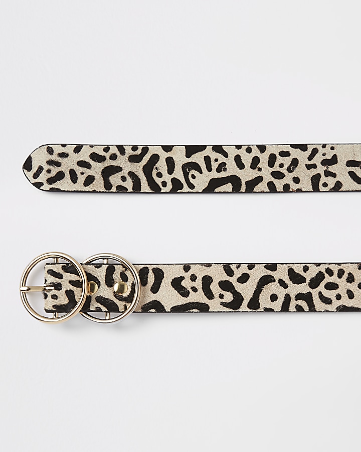 White leopard print double ring buckle belt