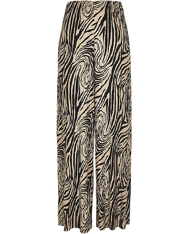 Petite beige zebra print plisse trousers