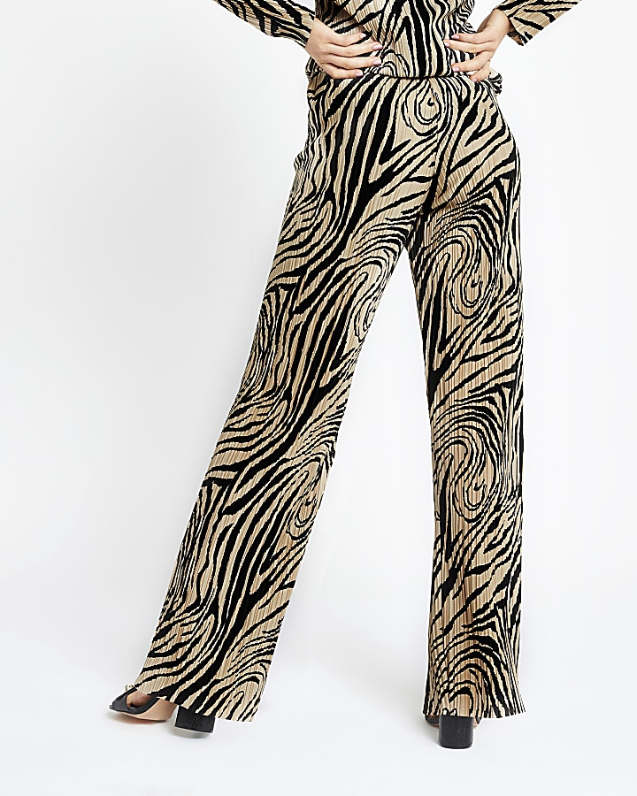 Petite beige zebra print plisse trousers