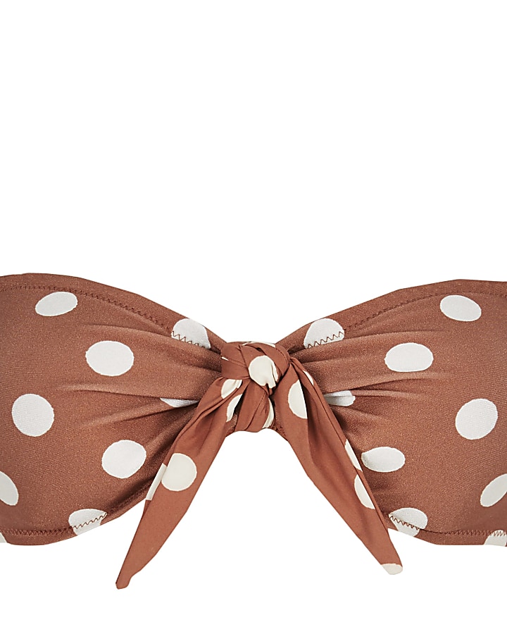 Brown spot knot front bandeau bikini top
