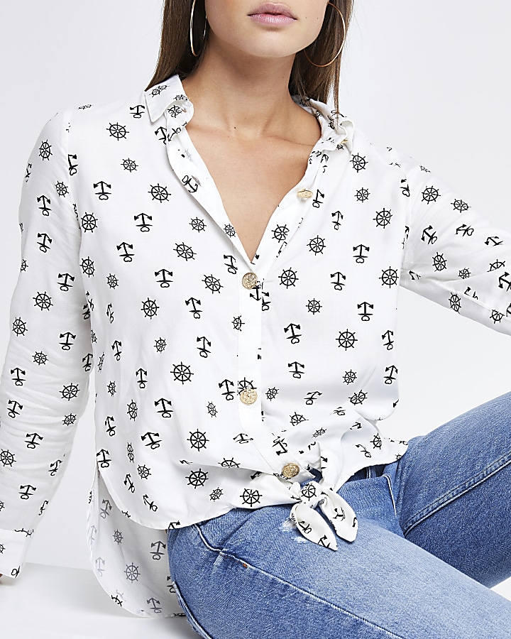White printed tie front shirt