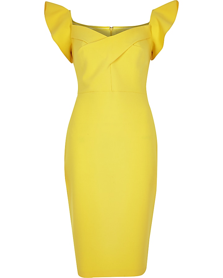 Yellow ruffle bardot midi bodycon dress