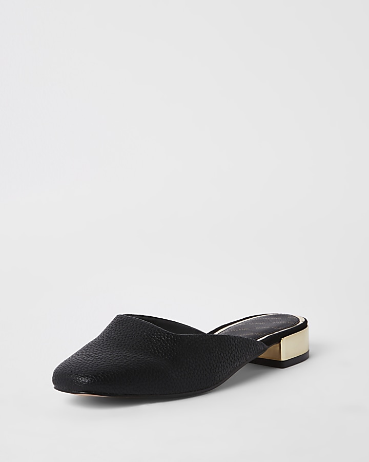 Black square toe backless loafers