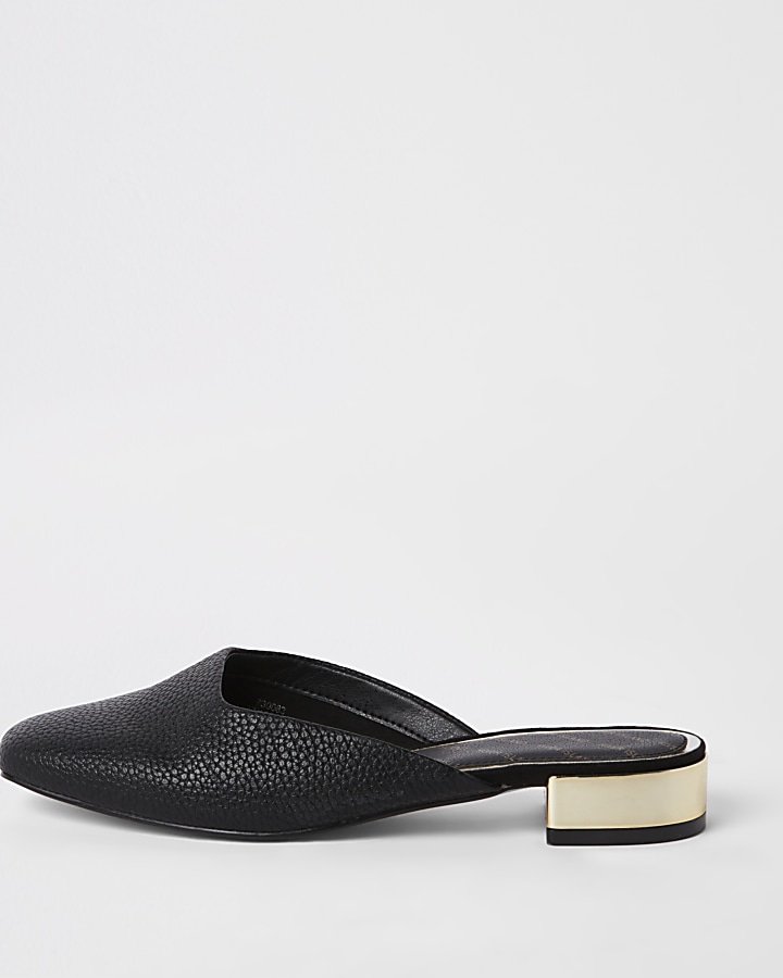 Black square toe backless loafers