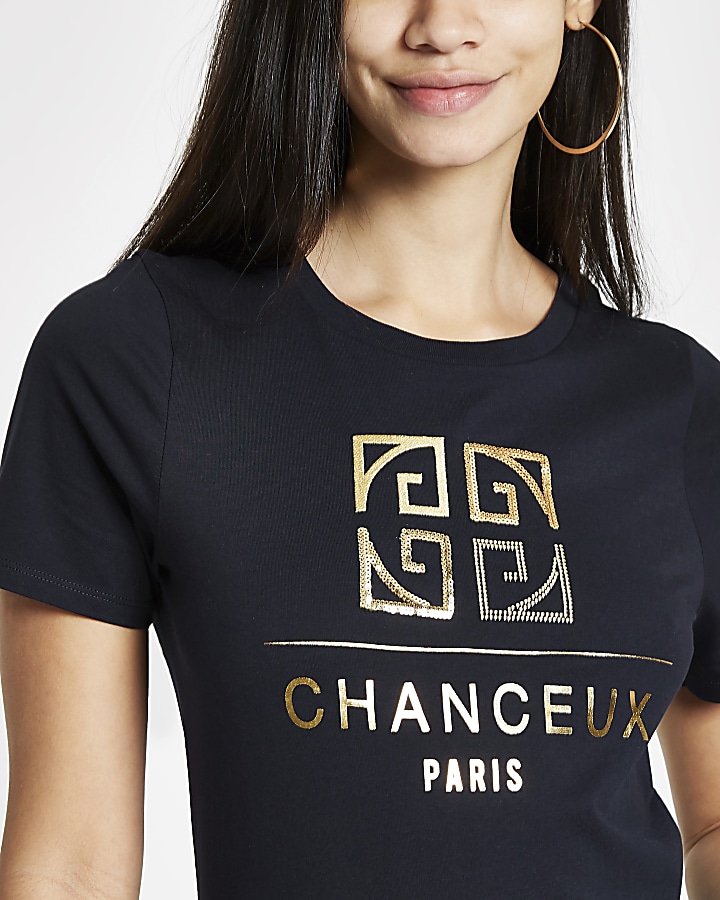 Navy 'chanceux' gold foil print T-shirt