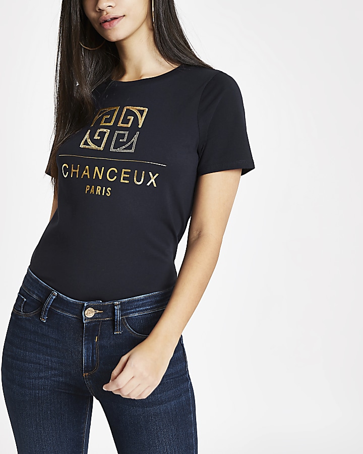 Navy 'chanceux' gold foil print T-shirt