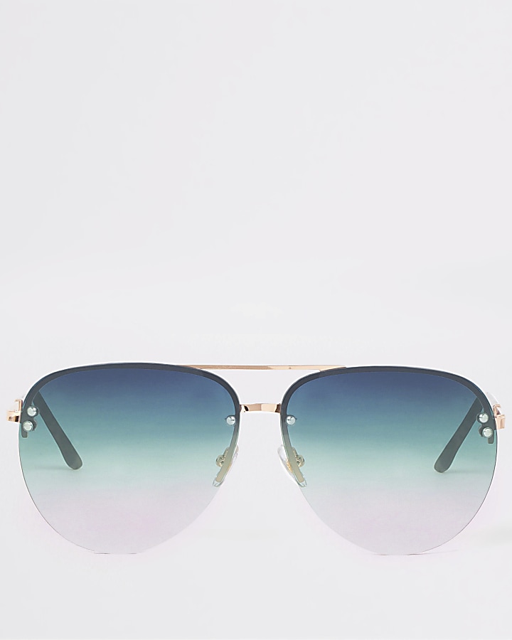 Gold tone green lens aviator sunglasses
