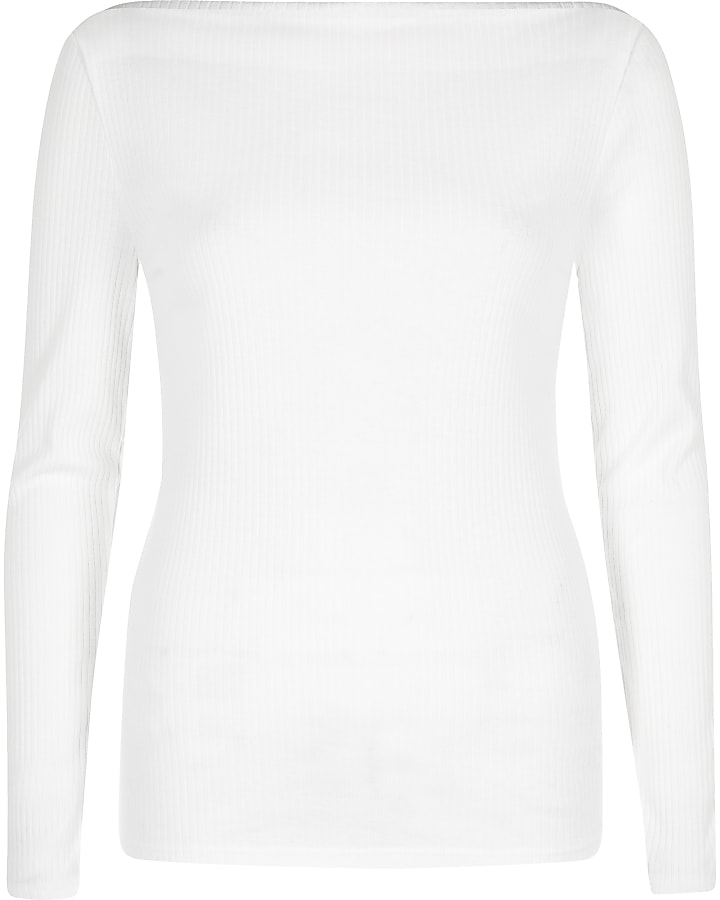 White ribbed boat neck long sleeve top