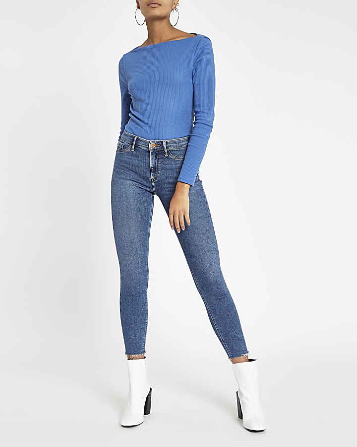 Blue ribbed boat neck long sleeve top