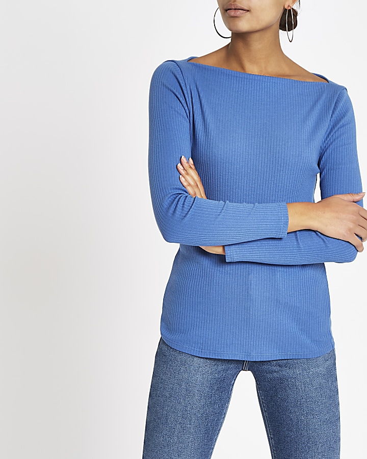 Blue ribbed boat neck long sleeve top